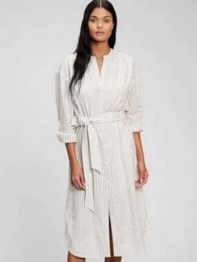 GAP Linen Blend Belted Shirtdress Tall-Medium Grey/White stripe